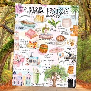 May include: A watercolor illustration of a bucket list for Charleston, South Carolina. The list includes popular attractions like the City Market, Fort Sumter, and Rainbow Row. The illustration is in a whimsical style with hand-drawn icons and text.
