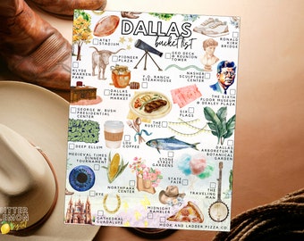 May include: A watercolor illustration of a bucket list for Dallas, Texas. The list includes popular attractions like the Dallas Arboretum and Botanical Garden, the Sixth Floor Museum at Dealey Plaza, and the State Fair of Texas. The illustration is in a whimsical style with hand-drawn elements.