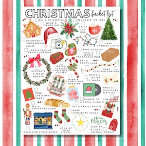 May include: A white Christmas bucket list checklist featuring colorful watercolor illustrations of holiday items like a gingerbread house, Santa hat, poinsettia, candy cane, wreath, nutcracker, and sweater with checkboxes for each activity.