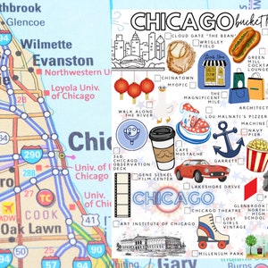 K&ouml;nnte beinhalten: Eine Chicago-Bucket-List-Checkliste mit farbenfrohen Illustrationen lokaler Sehensw&uuml;rdigkeiten, Speisen und Aktivit&auml;ten, darunter ein Hotdog, ein Baseballhandschuh, ein Kaffeebecher, ein rotes Auto und ein Rollschuh vor einer Stadtkarte.
