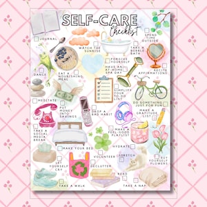 Op de afbeelding: Een zelfzorgchecklist met aquarelillustraties van dagelijkse activiteiten zoals een dagboek, badkuip, fiets, koptelefoon en bed. De tekst luidt SELF-CARE Checklist met diverse taken en bijbehorende selectievakjes om af te vinken.