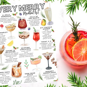 K&ouml;nnte beinhalten: Aquarell-Illustration einer "Very Merry Mocktail List" mit verschiedenen Getr&auml;nkerezepten. Das Bild zeigt mehrere Mocktails in verschiedenen Gl&auml;sern, mit Zutaten, die unter jedem Getr&auml;nk aufgef&uuml;hrt sind. Rechts ist ein Glas roter Mocktail mit Orangenscheiben und Rosmarin.