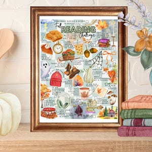 May include: A framed Fall Reading Challenge poster featuring a grid of checkboxes and watercolor illustrations including a pumpkin pie, a pocket watch, a ghost, a red backpack, a coffee cup, a spider web, an owl, and various autumn foliage.