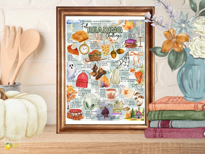 May include: A framed Fall Reading Challenge poster featuring a grid of checkboxes and watercolor illustrations including a pumpkin pie, a pocket watch, a ghost, a red backpack, a coffee cup, a spider web, an owl, and various autumn foliage.