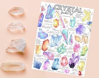 May include: A printable checklist of crystals with watercolor illustrations of different types of crystals. The checklist includes names like Selenite, Yellow Ghost Phantom Quartz, Aquamarine, Purple Fluorite, Aura Quartz, Rose Quartz, Lapis Lazuli, Amethyst, Yellow Apatite, Red Beryl, Honey Calcite, Red Spinel, Imperial Topaz, Sodalite, Sapphire, and Starlight.