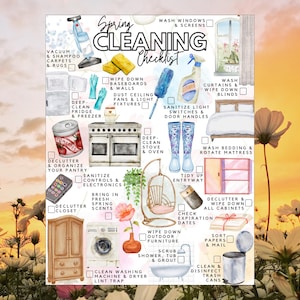 May include: A Spring Cleaning Checklist featuring watercolour illustrations of household items like a vacuum, stove, bathtub, and cleaning supplies. The text includes tasks such as wash windows, deep clean fridge, and sanitise electronics with checkboxes.