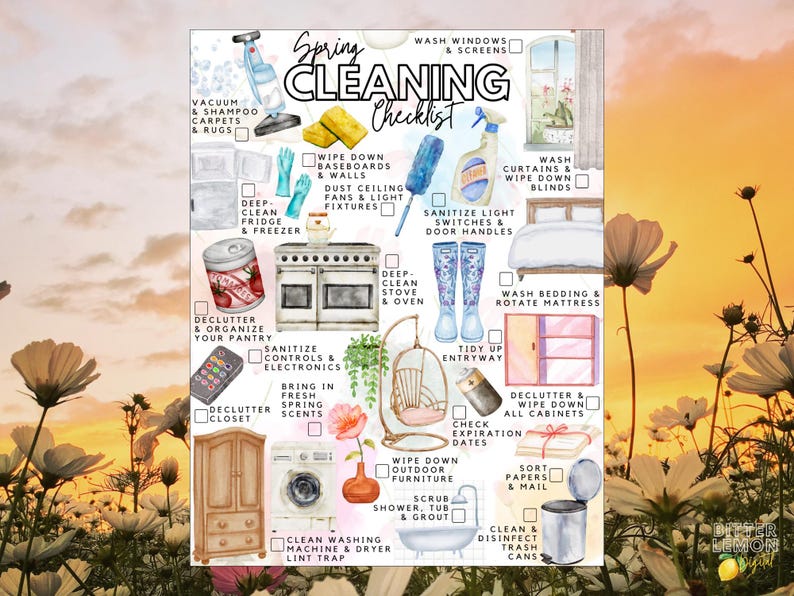 May include: A Spring Cleaning Checklist featuring watercolour illustrations of household items like a vacuum, stove, bathtub, and cleaning supplies. The text includes tasks such as wash windows, deep clean fridge, and sanitise electronics with checkboxes.