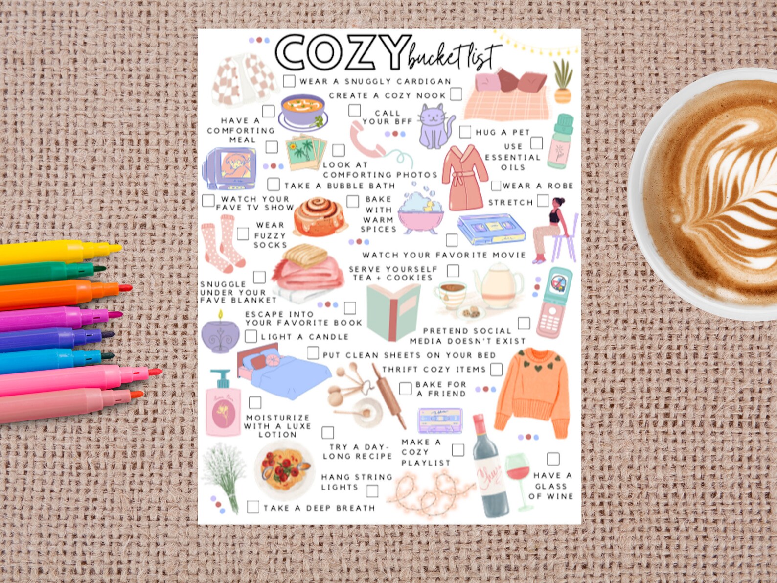 Printable Cozy Bucket List Selfcare Todo List Etsy