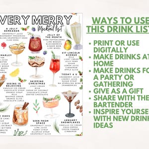 K&ouml;nnte beinhalten: Eine "Very Merry Mocktail List" mit illustrierten Cocktailrezepten. Die Liste enth&auml;lt Getr&auml;nke wie "A Jolly Demeanor" und "Jacob Marley" mit den aufgef&uuml;hrten Zutaten. Die Liste enth&auml;lt auch Anweisungen zur Verwendung der Getr&auml;nkeliste.