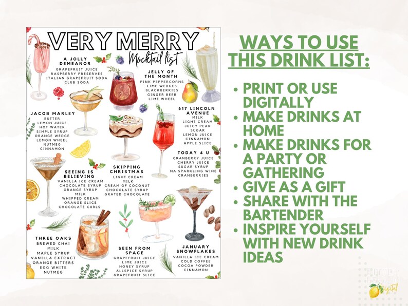 K&ouml;nnte beinhalten: Eine "Very Merry Mocktail List" mit illustrierten Cocktailrezepten. Die Liste enth&auml;lt Getr&auml;nke wie "A Jolly Demeanor" und "Jacob Marley" mit den aufgef&uuml;hrten Zutaten. Die Liste enth&auml;lt auch Anweisungen zur Verwendung der Getr&auml;nkeliste.