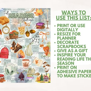 May include: A Fall Reading Challenge checklist featuring watercolor illustrations of autumn items like pumpkins, leaves, books, and a fox. The text includes prompts for reading tasks and a list of ways to use the sheet, such as printing or digital use.