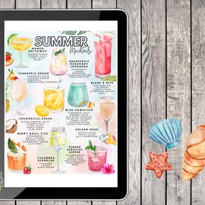 May include: A digital print on a tablet displays a "Summer Mocktails" menu with watercolor illustrations of various cocktails. The tablet is on a wooden surface with seashell decorations.