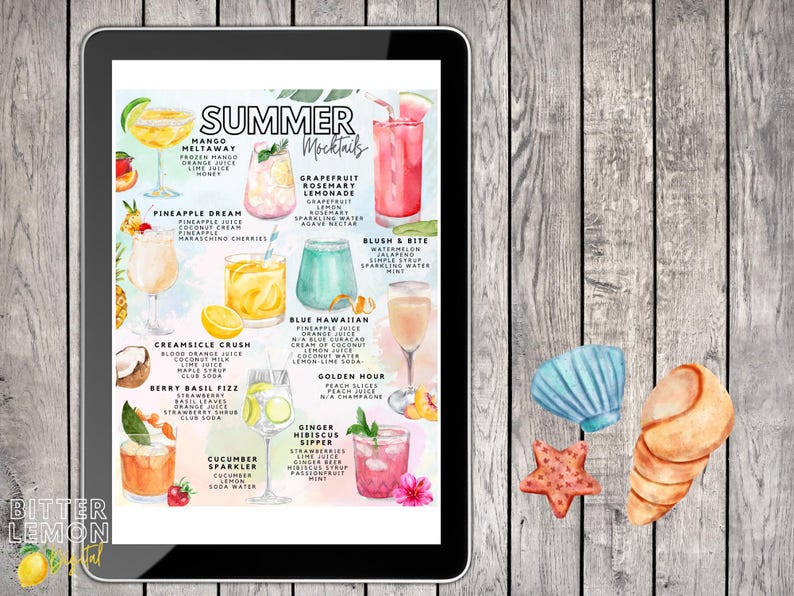 May include: A digital print on a tablet displays a "Summer Mocktails" menu with watercolor illustrations of various cocktails. The tablet is on a wooden surface with seashell decorations.