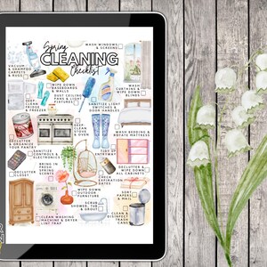 May include: A digital tablet displaying a Spring Cleaning Checklist with watercolour illustrations of household items like a vacuum, stove, and cleaning supplies, accompanied by a separate watercolour painting of white lily of the valley flowers.