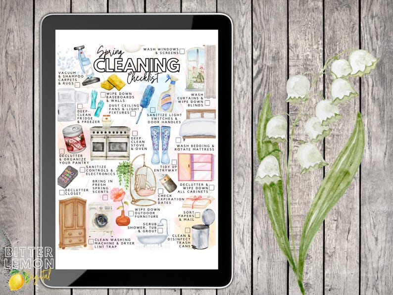 May include: A digital tablet displaying a Spring Cleaning Checklist with watercolour illustrations of household items like a vacuum, stove, and cleaning supplies, accompanied by a separate watercolour painting of white lily of the valley flowers.