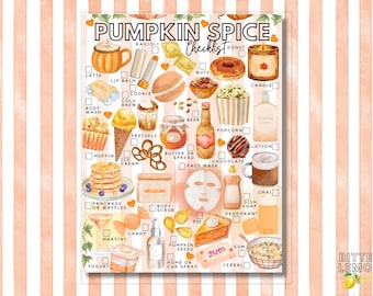 Pode incluir: Um cartaz Pumpkin Spice Checklist com ilustrações em aguarela de vários itens como um latte, donut, vela, pipocas e panquecas. Cada item tem uma caixa de verificação ao lado. O texto PUMPKIN SPICE CHECKLIST está impresso no topo a preto.