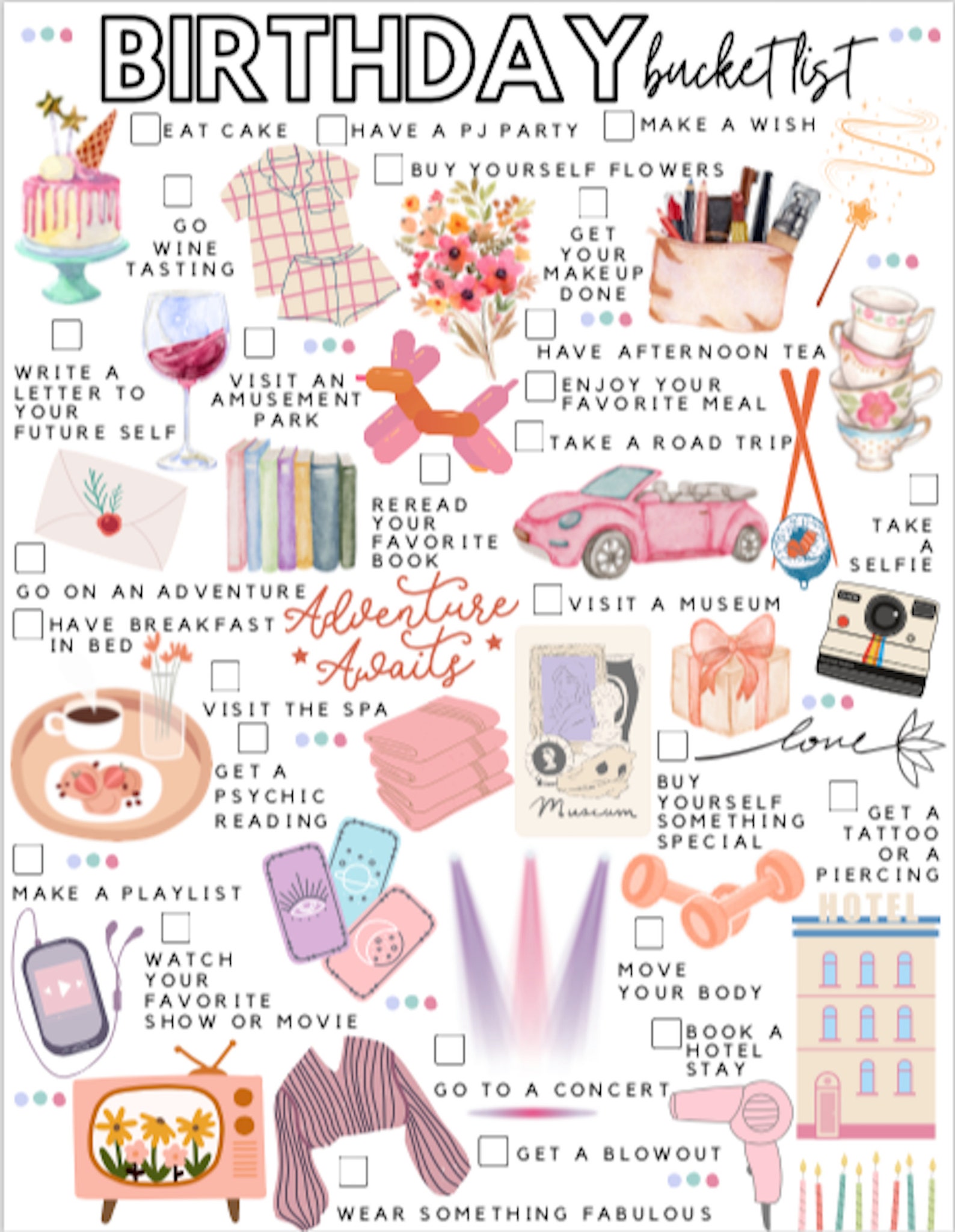 Printable Birthday Bucket List Birthday Activities List Etsy