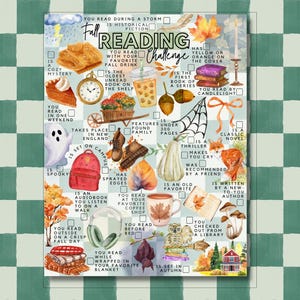 May include: A Fall Reading Challenge tracker sheet featuring a grid of checkboxes and watercolor illustrations including a pumpkin pie, a pocket watch, a ghost, a fox, a stack of books, a coffee cup, a mug, an owl, and autumn leaves.