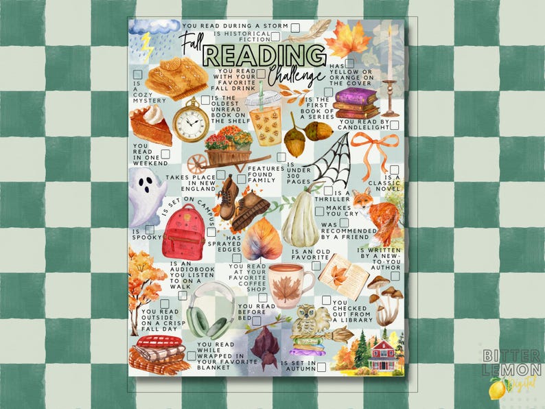 May include: A Fall Reading Challenge tracker sheet featuring a grid of checkboxes and watercolor illustrations including a pumpkin pie, a pocket watch, a ghost, a fox, a stack of books, a coffee cup, a mug, an owl, and autumn leaves.