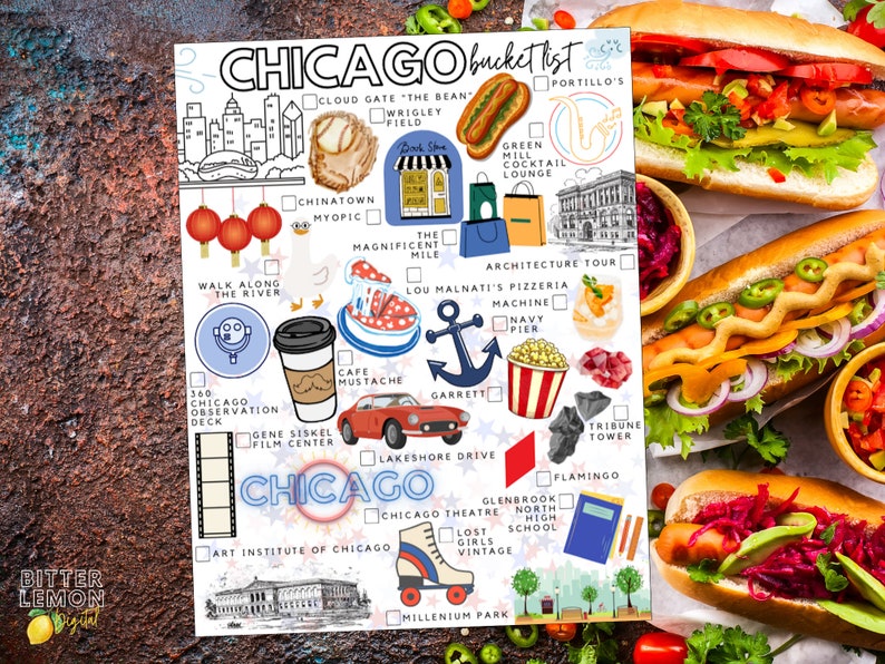 K&ouml;nnte beinhalten: Eine Chicago-Bucket-List auf wei&szlig;em Papier mit bunten Illustrationen von Sehensw&uuml;rdigkeiten, Essen und Aktivit&auml;ten mit Kontrollk&auml;stchen. Zu den Symbolen geh&ouml;ren ein Hotdog, ein Baseballhandschuh, ein rotes Auto, ein Rollschuh und verschiedene Textbeschriftungen.