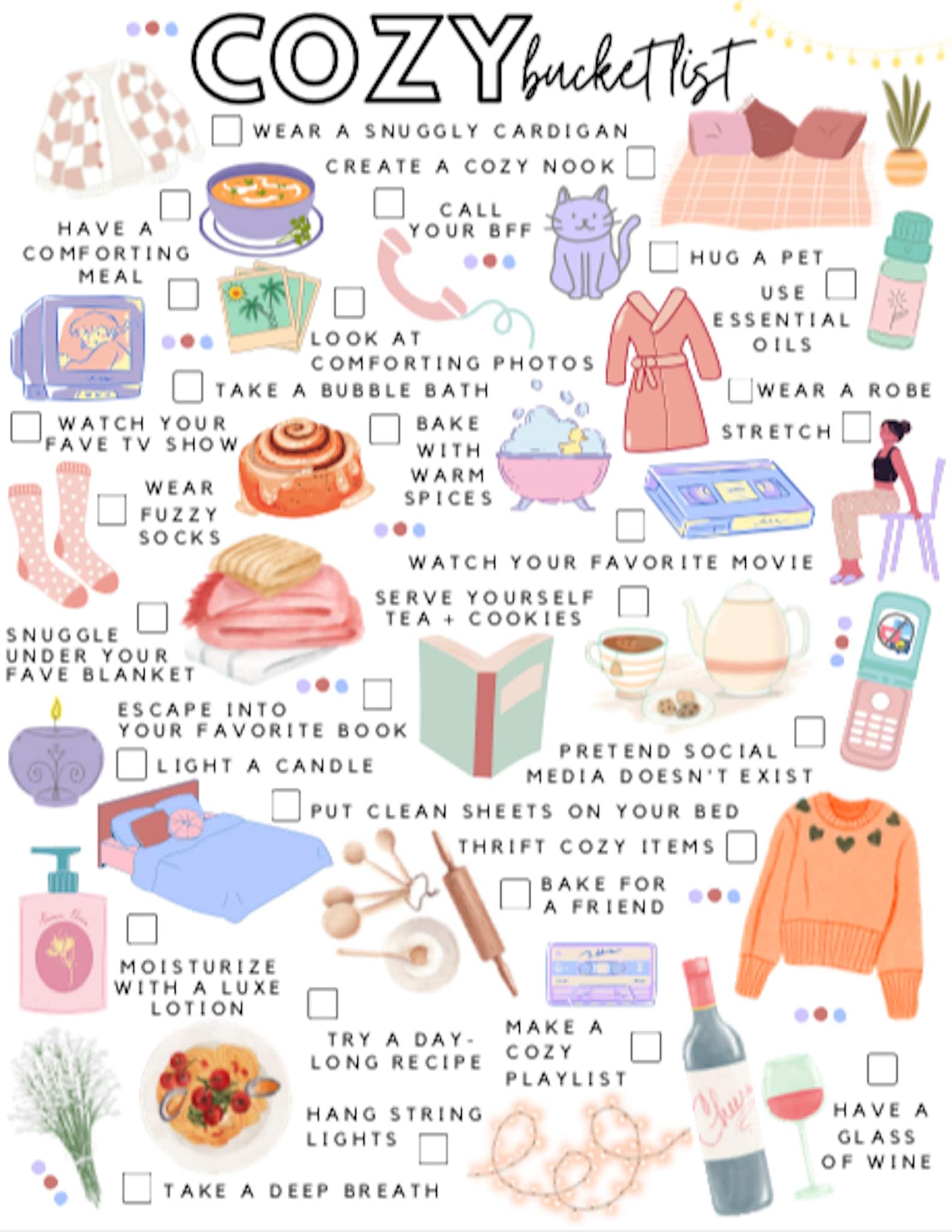 Printable Cozy Bucket List Selfcare Todo List Etsy