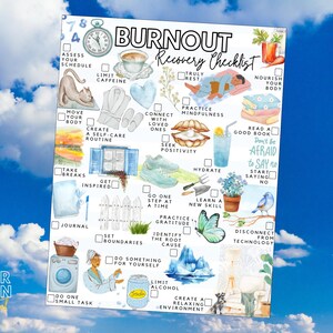 May include: A watercolor-style burnout recovery checklist with illustrations of self-care activities. The title "Burnout Recovery Checklist" is at the top. The image includes a clock, a cup of coffee, a cat, a book, and other items. The bottom left corner has the text "BITTER LEMON".