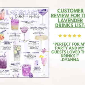 K&ouml;nnte beinhalten: Aquarell-Illustration von Lavendel-Cocktails und Mocktails, darunter Lavender Sunset und Lavender Love. Das Bild enth&auml;lt auch eine Kundenbewertung und ein Zitronenlogo.