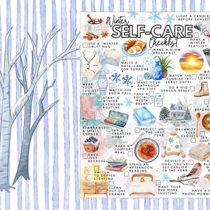 Pode incluir: Uma lista de verifica&ccedil;&atilde;o de autocuidado de inverno em estilo aquarela com ilustra&ccedil;&otilde;es de atividades aconchegantes, como beber de uma caneca, assistir ao nascer do sol e assar. O fundo apresenta listras verticais azuis e brancas e uma ilustra&ccedil;&atilde;o de &aacute;rvore.