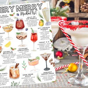 K&ouml;nnte beinhalten: Ein festliches Bild mit einer "Very Merry Mocktail List" mit Aquarellillustrationen verschiedener alkoholfreier Cocktails. Die Liste enth&auml;lt Rezepte wie "A Jolly Demeanor" und "Jacob Marley", ideal f&uuml;r Feiertagsfeiern.