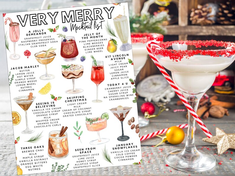 K&ouml;nnte beinhalten: Ein festliches Bild mit einer "Very Merry Mocktail List" mit Aquarellillustrationen verschiedener alkoholfreier Cocktails. Die Liste enth&auml;lt Rezepte wie "A Jolly Demeanor" und "Jacob Marley", ideal f&uuml;r Feiertagsfeiern.