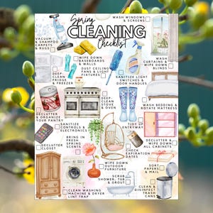May include: A Spring Cleaning Checklist printed on paper featuring watercolour illustrations of household items like a vacuum, stove, bed, and cleaning supplies. The text includes tasks such as wash windows, deep clean fridge, and sanitise electronics.