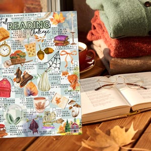 May include: A rectangular Fall Reading Challenge checklist featuring a light blue and white checkered background with various autumn-themed illustrations including pumpkins, leaves, books, a fox, a ghost, and coffee cups, with text prompts for reading tasks.