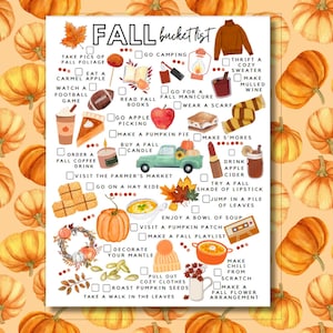 May include: A watercolor-style fall bucket list on a white background, featuring a pumpkin-themed pattern. The list includes activities like apple picking, making pumpkin pie, and enjoying apple cider. The words "FALL bucket list" are at the top.