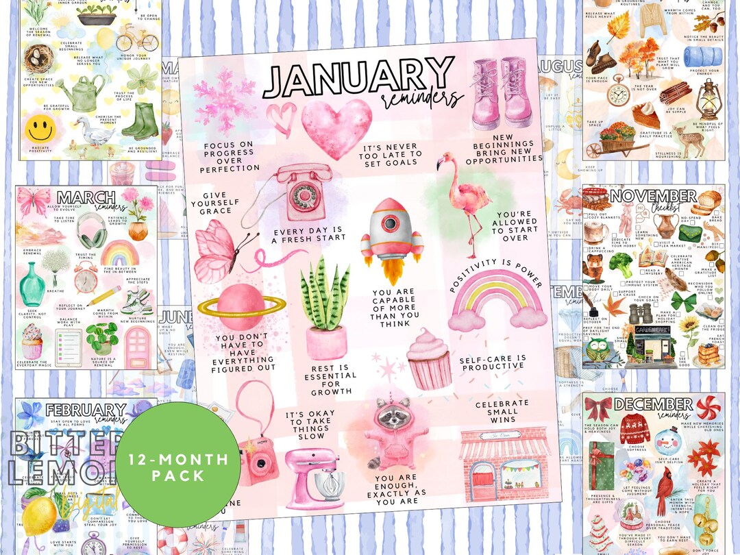 Printable Monthly Reminders Set of 12 | Annual Monthly Value Pack - Etsy