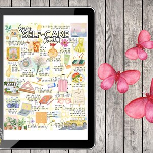 May include: A digital tablet shows a "Spring Self-Care Checklist" with watercolour illustrations and text prompts. Pink butterflies are scattered on a wooden background. The checklist includes ideas like "Eat a meal outside" and "Visit a garden centre."
