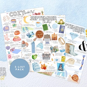 May include: Three printed checklists titled Cozy Bucket List, September Checklist, and September Reminders. The pages feature colorful illustrations of seasonal items like autumn leaves, a pizza, a typewriter, a backpack, and a snail, alongside text.