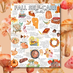 May include: A watercolor-style Fall Self-Care Checklist poster with a warm color palette. The checklist includes activities like baking, reading, and enjoying nature. The text "FALL SELF-CARE Checklist" is at the top.