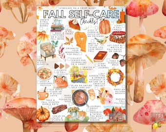 May include: A Fall Self-Care Checklist printed on a white background with a repeating mushroom pattern. The checklist features watercolor illustrations of pumpkins, books, cozy drinks, and autumn foliage, with text prompts for seasonal activities.