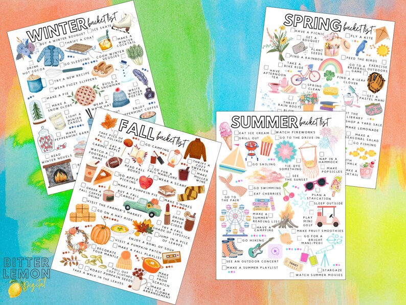 May include: Four colorful bucket list printables for Winter, Spring, Summer, and Fall. Each list features hand-drawn illustrations and checkboxes for seasonal activities. The Winter list includes ice skating and hot cocoa. The Spring list includes a picnic and kite. The Summer list includes ice cream and fireworks. The Fall list includes apple picking and pumpkin pie.
