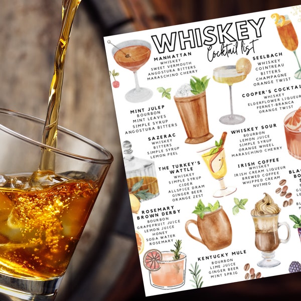 Printable Whiskey Cocktail List | Whiskey Drink Recipes