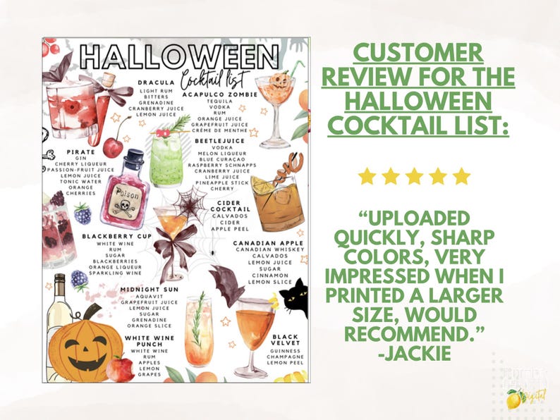 K&ouml;nnte beinhalten: Eine Halloween-Cocktail-Liste mit Illustrationen von Getr&auml;nken wie Dracula und Beetlejuice. Die Liste enth&auml;lt Zutaten und eine Kundenbewertung. Eine K&uuml;rbis-Illustration befindet sich unten links.