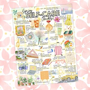 May include: A watercolour print labelled "Spring Self-Care Checklist" featuring illustrated self-care activities. The checklist includes items such as "Wear a spring outfit," "Make a spring playlist," and "Visit a garden centre."