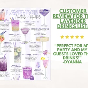 May include: A watercolor illustration of a lavender cocktails and mocktails menu. The menu features various drinks like Lavender Sunset, Lavender Love, and Violet Eyes. A customer review states, "Perfect for my party and my guests loved the drinks!"