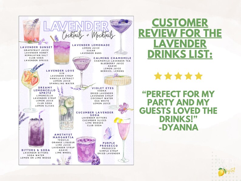 May include: A watercolor illustration of a lavender cocktails and mocktails menu. The menu features various drinks like Lavender Sunset, Lavender Love, and Violet Eyes. A customer review states, "Perfect for my party and my guests loved the drinks!"