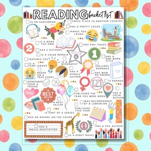Op de afbeelding: Een wit lees-bucketlist-trackerblad met kleurrijke illustraties en selectievakjes. De tekst luidt READING BUCKET LIST, met aanwijzingen zoals IS AN AUDIOBOOK, HAS A PRETTY COVER, MAKES YOU LAUGH, HAS 500+ PAGES en HAS A MOVIE ADAPTATION.