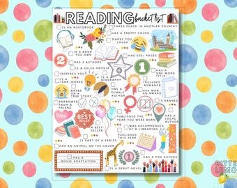 May include: A white reading bucket list tracker sheet featuring colorful illustrations and checkboxes. The text reads READING BUCKET LIST, with prompts like IS AN AUDIOBOOK, HAS A PRETTY COVER, MAKES YOU LAUGH, HAS 500+ PAGES, and HAS A MOVIE ADAPTATION.