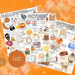 May include: A three-page printable set featuring a Halloween bucket list, an October checklist, and October reminders. Each page contains colorful illustrations of seasonal items like pumpkins, ghosts, autumn leaves, and cozy clothing with text.