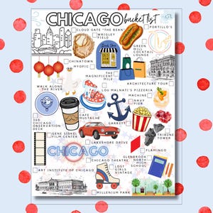 Può includere: Una lista di cose da fare a Chicago con illustrazioni colorate di monumenti, cibo e attività. Le icone includono un hot dog, un guantone da baseball, un'ancora, popcorn, un'auto rossa e un pattino, con etichette di testo per ogni elemento.