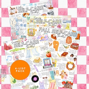 May include: A set of four self-care checklists for different seasons: winter, spring, summer, and fall. Each checklist features watercolor illustrations and prompts for activities. The pack includes a 4-list pack sticker.