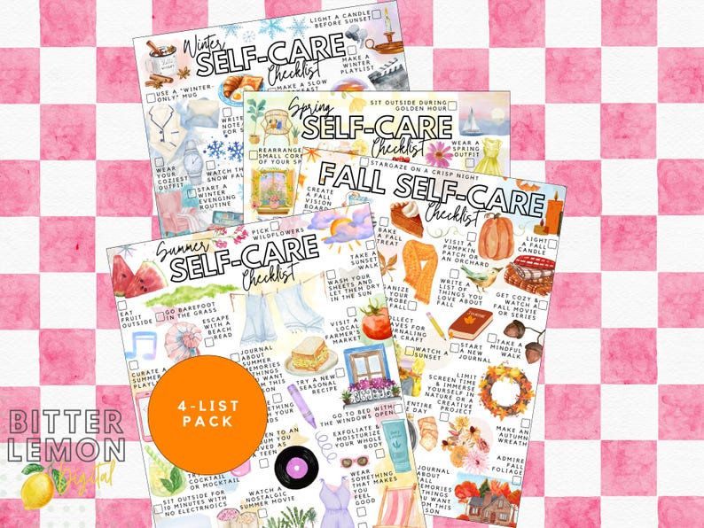 May include: A set of four self-care checklists for different seasons: winter, spring, summer, and fall. Each checklist features watercolor illustrations and prompts for activities. The pack includes a 4-list pack sticker.